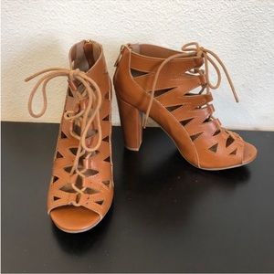 Bamboo Light Brown Faux Leather Lace Up High Heels